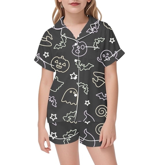 Weebloom Halloween Pajama Set For Toddler Girl Silk Satin Pumpkin Short Sleeve Button Up Tops And Shorts Summer Fall 2 Piece Set Pjs Sleepwear