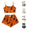 thumbnail image 1 of Weebloom Halloween Pajama Set Women Pumpkin Sleeveless Camisole Silk Satin Pajamas Set 3Pcs Floral Lace Sleepwear Nightwear Pjs Loungewear Orange S, 1 of 4