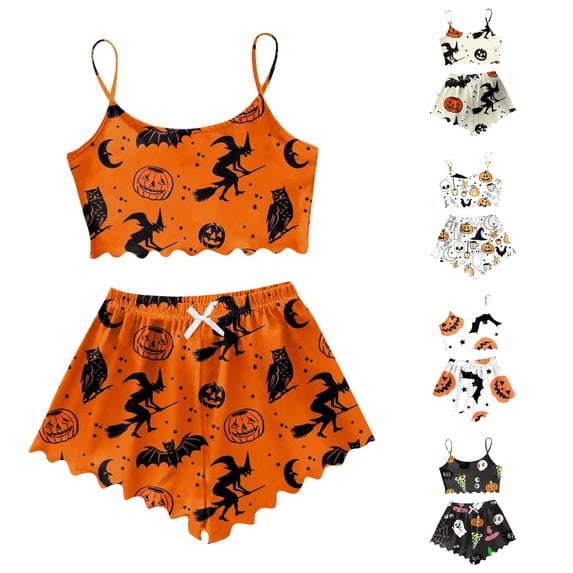 Weebloom Halloween Pajama Set Women Pumpkin Sleeveless Camisole Silk Satin Pajamas Set 3Pcs Floral Lace Sleepwear Nightwear Pjs Loungewear Orange S