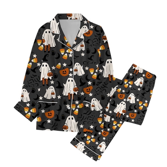 Weebloom Halloween Pajama Set Women Silk Satin Pumpkin Long Sleeve Button Up Tops And Pants Fall Winter 2 Piece Set Pjs Sleepwear,Size S-3Xl