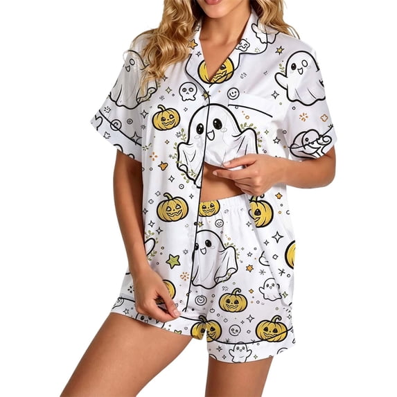 Weebloom Halloween Pajama Set for Women Pumpkin Short Sleeve Button Up Tops and Shorts Summer Fall 2 Piece Set Pyjamas Loungewear,Size S-2Xl