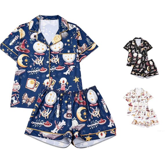 Weebloom Halloween Pajama Sets Women Print Short Sleeve Button Up Tops And Shorts Pajama Casual Digital Floral Comfort Fit Sleepwear Nightwear Pjs Loungewear Blue M
