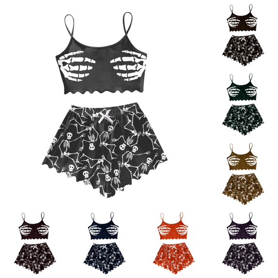 Weebloom Halloween Pajama Sets Women Sleeveless Vest Shorts Set Casual Print Home Wear Sleepwear Nightwear Pjs Loungewear Dark Gray S