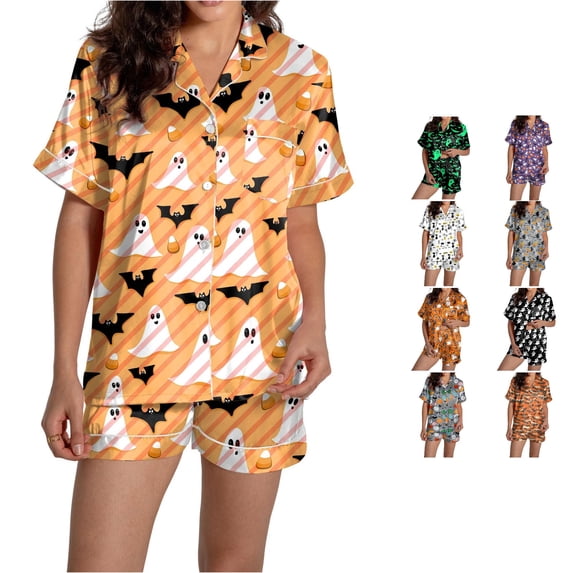 Weebloom Halloween Pajama Sets Women Two Piece Outfits Cat Print Short Sleeve V Neck Shorts Set Sleepwear Nightwear Pjs Loungewear Orange Xl
