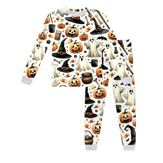 Weebloom Halloween Pajamas For Girls Kids Long Sleeve Print Children Cozy Outfit Loungewear 8-9 Years White