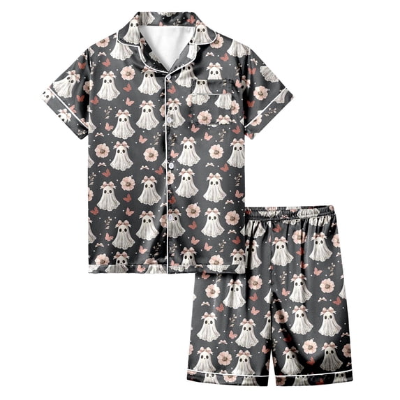 Weebloom Halloween Pajamas For Kids Girl Set Silk Satin Cute Graphic Short Sleeve Button Up Tops And Shorts Summer Fall 2 Piece Set Pjs Jammies