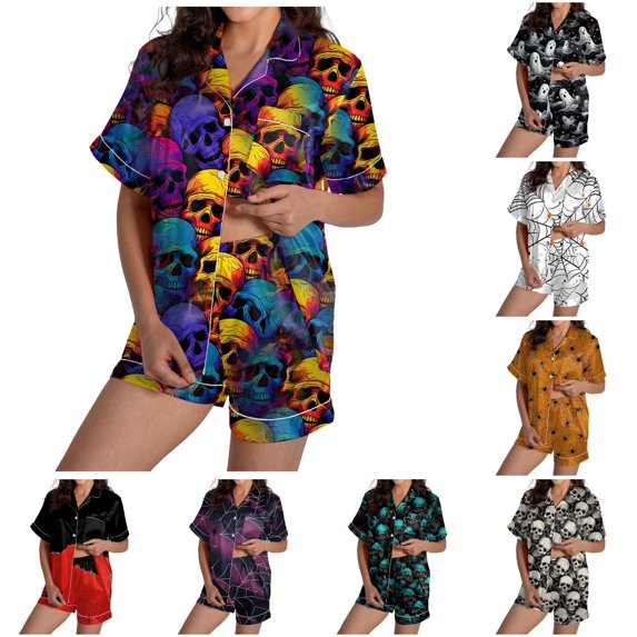 Weebloom Halloween Pajamas For Women Two Piece Outfits Short Sleeve V Neck Shorts Set Sleepwear Nightwear Pjs Loungewear Purple S