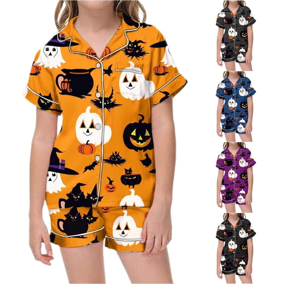 Weebloom Halloween Pajamas For Kids Girls Cute Ghost Pajamas Set Soft Printed Short Sleeve Button Down Shirt And Shorts Cute Holiday Outfit Sleepwear Nightwear Pjs Loungewear 8-9 Years