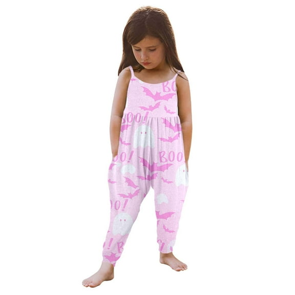 Weebloom Halloween Rompers Girl Pumpkin Print Sleeveless Jumpsuit With Harem Pants Cozy Onesie,Light Pink