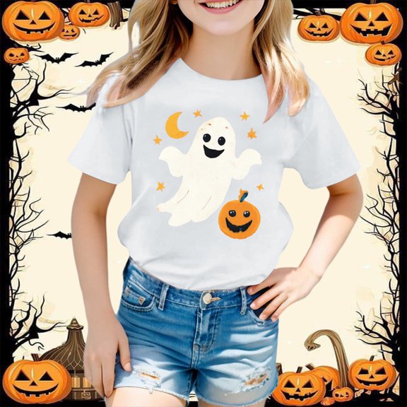 Weebloom Halloween Shirts For Kids Pumpkin Short Sleeve Tee Shirt Casual Fashion Base Layer Comfortable Leisure Dailywear White 3-4 Years