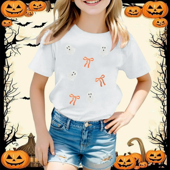 Weebloom Halloween Shirts For Kids Pumpkin Short Sleeve Tee Shirt Casual Fashion Basic Youth Leisure Dailywear White 3-4 Years