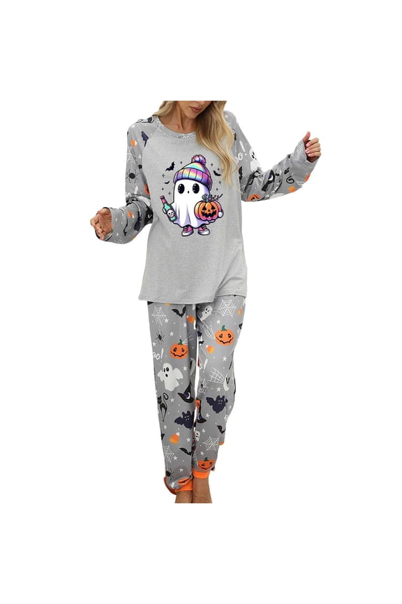Halloween Soft Pajamas For Women Long Sleeve Ghost Pajama Sets Cozy Two Piece Outfit Soft Homewear Sleepwear Nightwear Pjs Loungewear Grey M