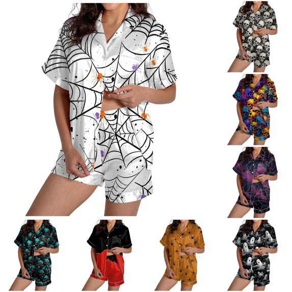 Weebloom Halloween Summer Pajamas For Women Set Two Piece Outfits Short Sleeve V Neck Shorts Set Sleepwear Nightwear Pjs Loungewear White M