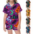thumbnail image 1 of Weebloom Halloween Summer Pajamas For Little Girls Cute Pumpkin Pajamas Set Soft Printed Kids Short Sleeve Button Down Shirt And Shorts Sleepwear Nightwear Pjs Loungewear Purple 6-7 Years, 1 of 4