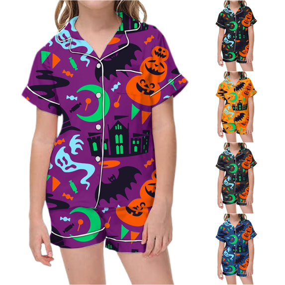 Weebloom Halloween Summer Pajamas For Little Girls Cute Pumpkin Pajamas Set Soft Printed Kids Short Sleeve Button Down Shirt And Shorts Sleepwear Nightwear Pjs Loungewear Purple 6-7 Years