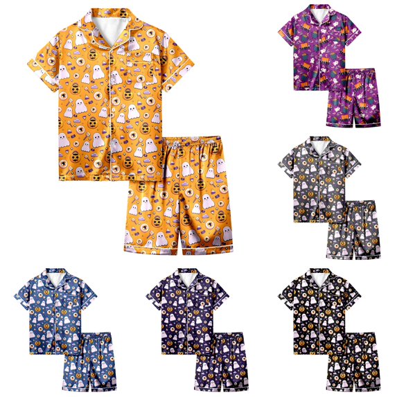 Weebloom Halloween Summer Pajamas For Girls Cute Ghost Outfits 2 Piece Set Short Sleeve Button Down Shirt Shorts Casual Clothes Tween Sleepwear Nightwear Pjs Loungewear 12-13 Years
