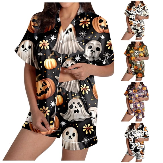 Weebloom Halloween Summer Pajamas For Women Set Pumpkin Leisure Silk Satin Short Sleeve Button Down Tops And Shorts Set Sleepwear Nightwear Pjs Loungewear Black L