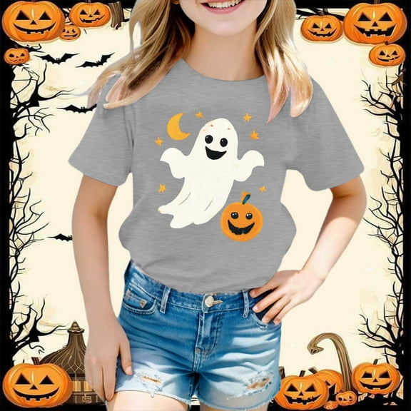 Weebloom Halloween Tee Shirts For Kids Pumpkin Short Sleeve Tee Shirt Casual Fashion Base Layer Comfortable Loose Outwear Grey 6-7 Years