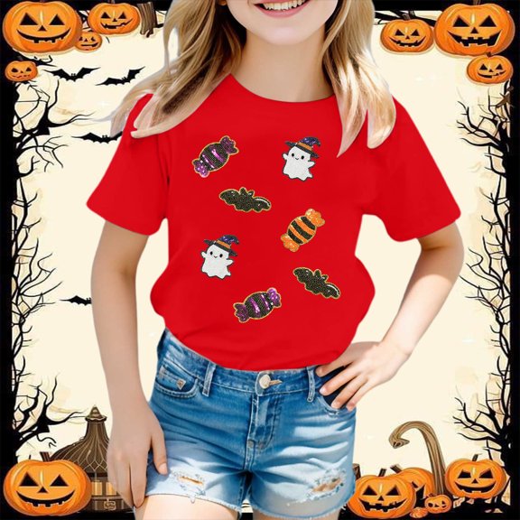Weebloom Halloween Tee Shirts For Kids Pumpkin Graphic Tee Short Sleeve Shirt Casual Tops Base Layer Fashionable T Shirt Lovely Outwear Watermelon Red 6-7 Years