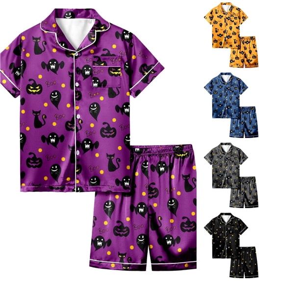 Weebloom Halloween Girls' Pajama Sets Cute Pumpkin Outfits 2 Piece Set Short Sleeve Button Down Shirt Shorts Casual Elastic Waist Tween Sleepwear Nightwear Pjs Loungewear Orange 12-13 Years