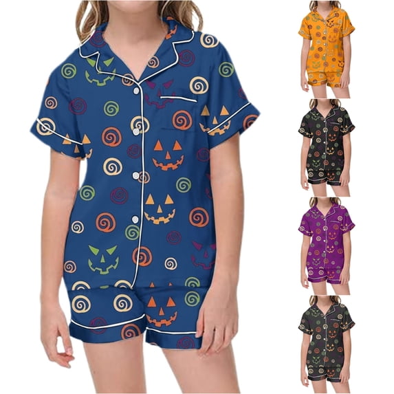 Weebloom Halloween Girls' Pajama Sets Cute Pumpkin Pajamas Set Soft Printed Short Sleeve Button Down Shirt Shorts For Youth Tween Sleepwear Nightwear Pjs Loungewear 12-13 Years