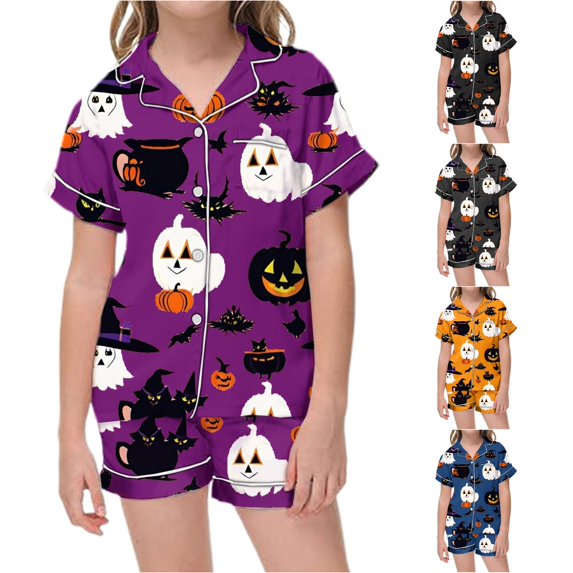 Weebloom Halloween Girls Summer Pajamas Cute Ghost Pajamas Set Soft Printed Kids Short Sleeve Button Up Shirt Shorts Cute Holiday Outfit Tween Sleepwear Nightwear Pjs Loungewear 12-13 Years