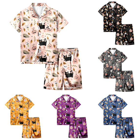 Weebloom Halloween Girls Summer Pajamas Outfits 2 Piece Set Short Sleeve Button Down Shirt And Shorts Casual Elastic Waist Tween Sleepwear Nightwear Pjs Loungewear Light Pink 12-13 Years