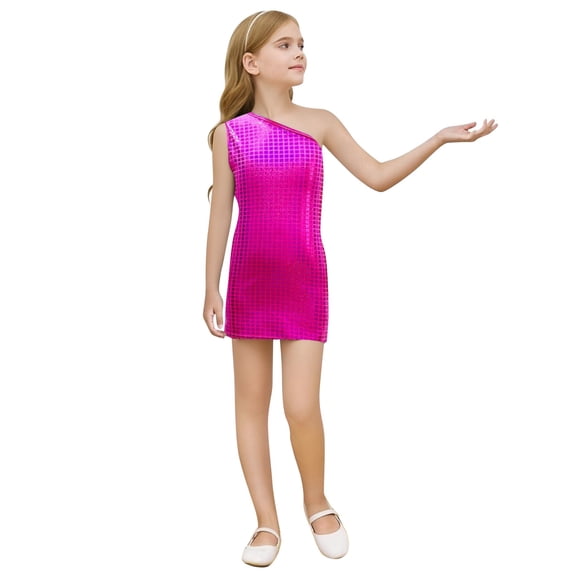 Weebloom Halloween Toddler Girls' Dresses Glitter Sequin Dress Up Party One Shoulder Stage Performance Outfit Clothes Dress For Girls Pink 3-4 Years