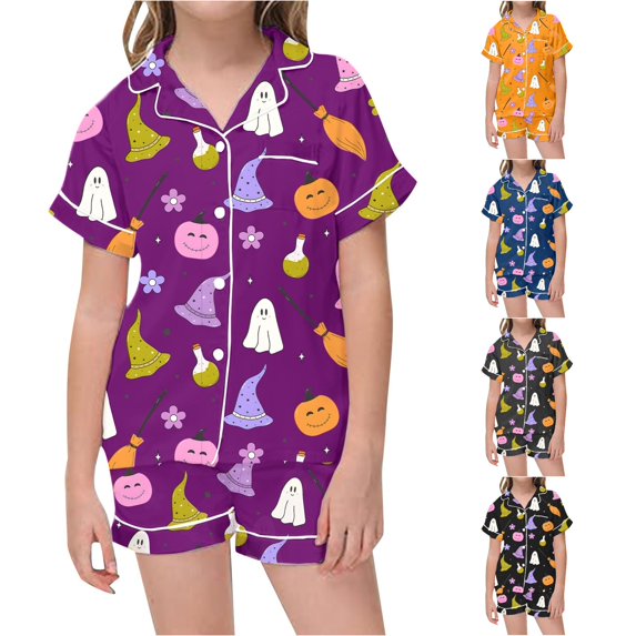 Weebloom Halloween Toddler Girls' Pajama Sets Cute Ghost Soft Satin Pajamas Short Sleeve Button Down Shirt And Shorts Cute Printed For Holiday Party Sleepwear Nightwear Pjs Loungewear 4-5 Years