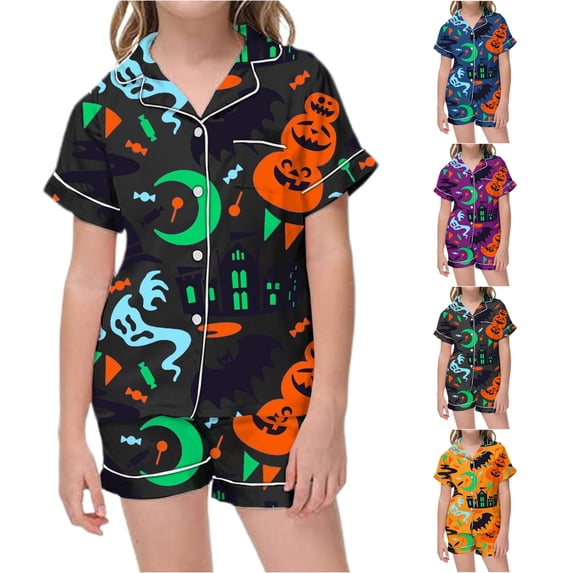 Weebloom Halloween Toddler Girls' Pajama Sets Cute Pumpkin Pajamas Set Soft Printed Kids Short Sleeve Button Down Shirt And Shorts Sleepwear Nightwear Pjs Loungewear Black 2-3 Years