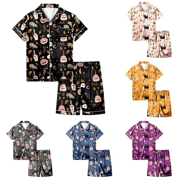 Weebloom Halloween Toddler Girls Pajamas Outfits 2 Piece Set Short Sleeve Button Down Shirt And Shorts Casual Elastic Waist Sleepwear Nightwear Pjs Loungewear Black 2-3 Years