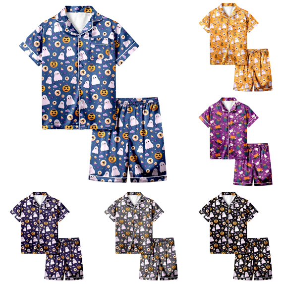 Weebloom Halloween Toddler Girls Summer Pajamas Cute Ghost Outfits 2 Piece Set Short Sleeve Button Down Shirt And Shorts Casual Kids Clothes Sleepwear Nightwear Pjs Loungewear Blue 2-3 Years