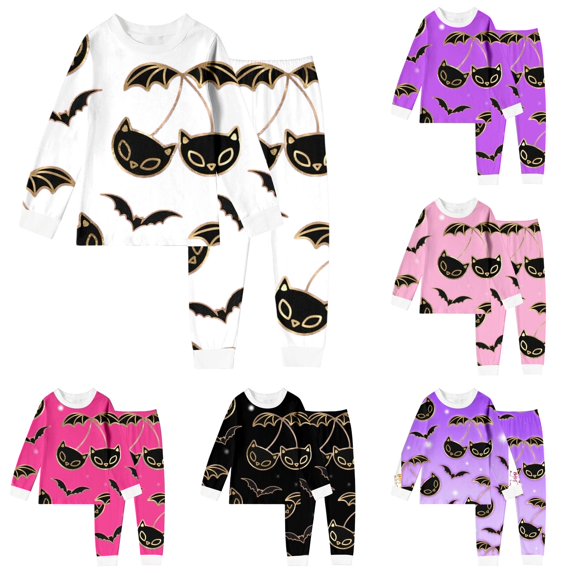 Weebloom Halloween Winter Pajamas For Little Girls Cute Bat Boys Pajama Set Long Sleeve Sleepwear Nightwear Pjs Loungewear White 5Y