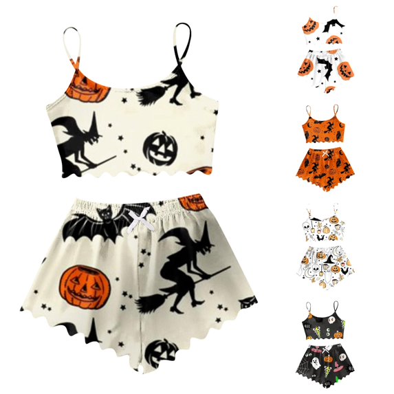 Weebloom Halloween Women Pajama Sets Pumpkin Sleeveless Camisole Silk Satin Pajamas Set 3Pcs Floral Lace Sleepwear Nightwear Pjs Loungewear Beige Xl