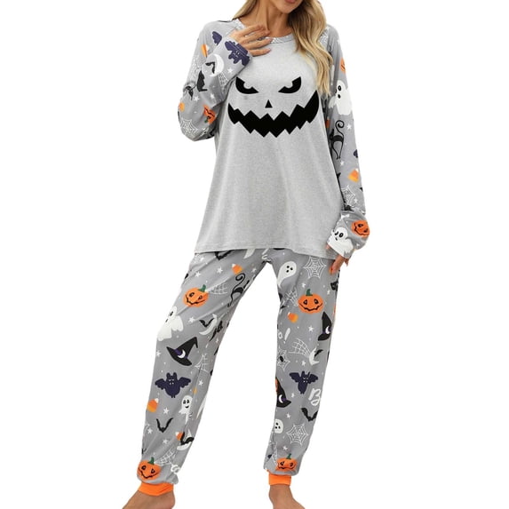 Weebloom Halloween Women'S Fall Winter Pajamas Long Sleeve Pumpkin Pajama Sets Cozy Two Piece Outfit Soft Homewear Sleepwear Nightwear Pjs Loungewear Grey M