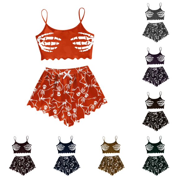 Weebloom Halloween Women'S Pajama Sets Sleeveless Vest Shorts Set Casual Print Home Wear Sleepwear Nightwear Pjs Loungewear Orange S