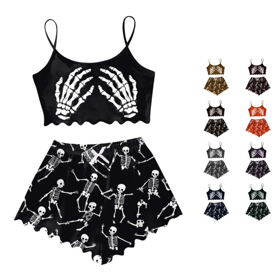 Weebloom Halloween Womens Pajama Set Sleeveless Vest Shorts Set Casual Print Home Wear Sleepwear Nightwear Pjs Loungewear Navy M