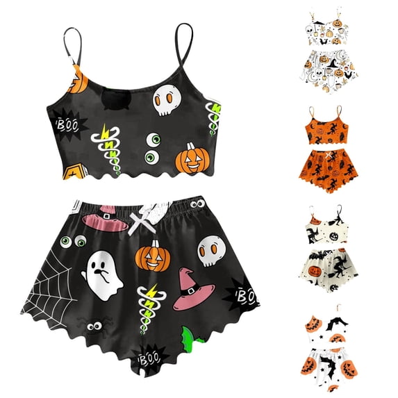 Weebloom Halloween Womens Pajamas Set Pumpkin Sleeveless Camisole Silk Satin Pajamas Set 3Pcs Floral Lace Sleepwear Nightwear Pjs Loungewear Black Xl