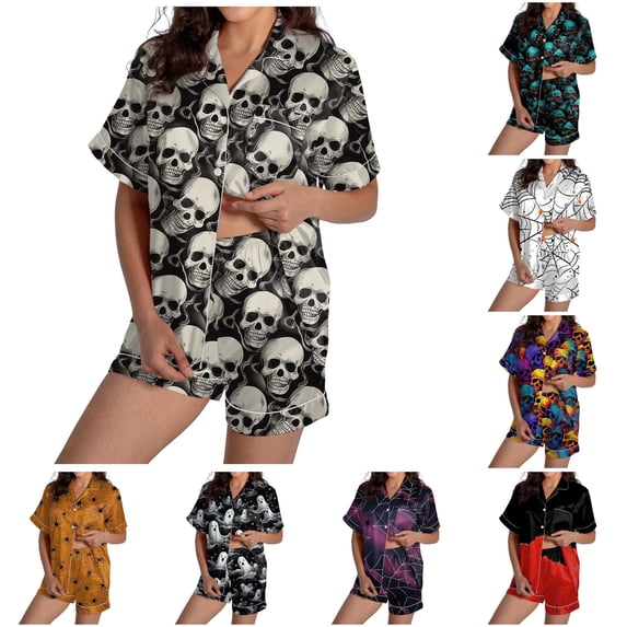 Weebloom Halloween Womens Sleepwear Two Piece Outfits Short Sleeve V Neck Shorts Set Sleepwear Nightwear Pjs Loungewear Grey M