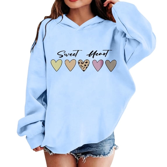 Weebloom Hoodie Girl Leopard Heart Graphic Oversized Autumn Winter Pullover Tops Hooded Sweatshirts Blue