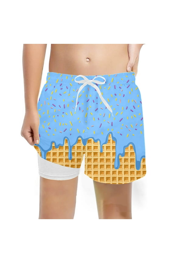 Ice Cream Shorts Boys,Swim Trunks Summer Beach Pool Waistband Adjustable Ice Cream Print Swimwear Comfortable 5-14 Years Activewear Boys Basketball Shorts,14-16 Years