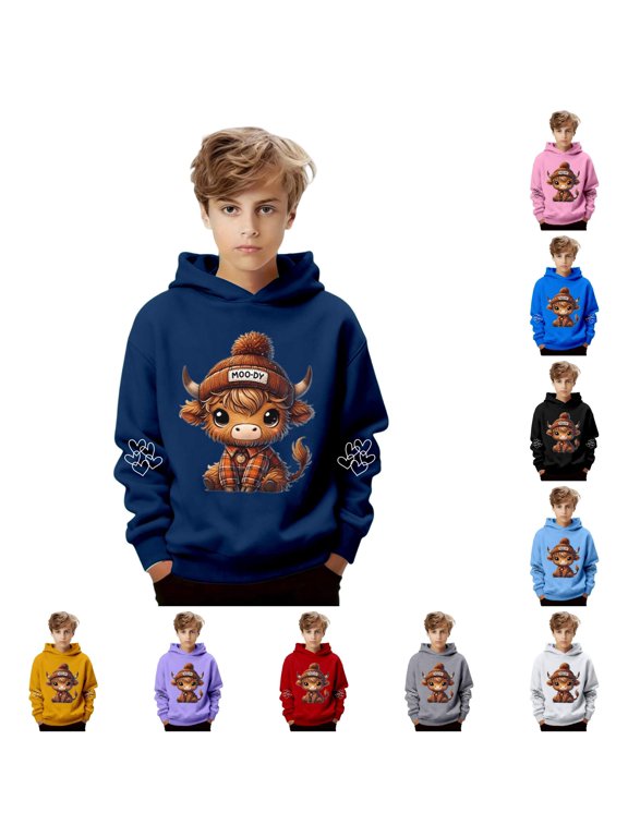 Kids Boys Hoodies Christmas Cow Print Cute Long Sleeve Hooded Sweatshirt Casual Pullover Soft Jacket For Kids Navy 9-10 Years