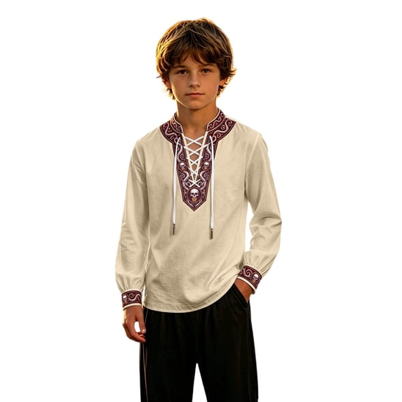 Weebloom Kids Boys Medieval Renaissance Pirate Shirt Long Sleeve Cosplay Shirt Dress Up Top Role Play Halloween Shirts,Size 3-16 Y