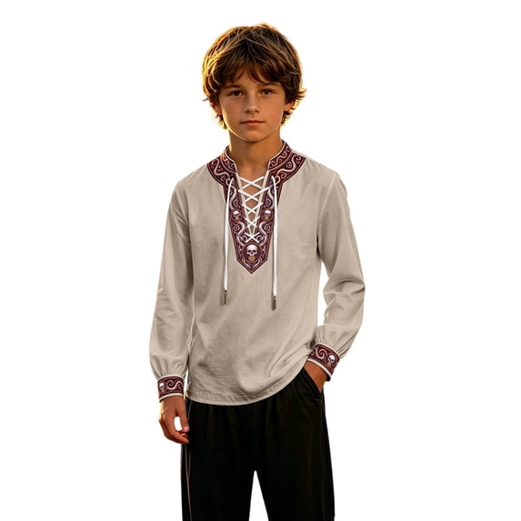 Weebloom Kids Boys Medieval Renaissance Pirate Shirt Long Sleeve Cosplay Shirt Dress Up Top Role Play Halloween Shirts,Size 3-16 Y
