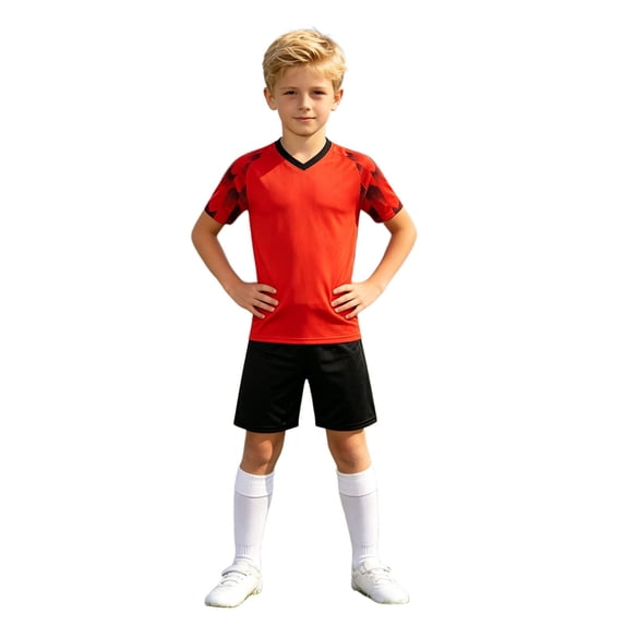 Weebloom Kids Boys Summer Athletic Outfit Football Gradient Short Sleeve Shorts Two Piece Youth Training Outfits Breathable Lightweight Boy Running Sports Clothes Set Size 4Xs Red