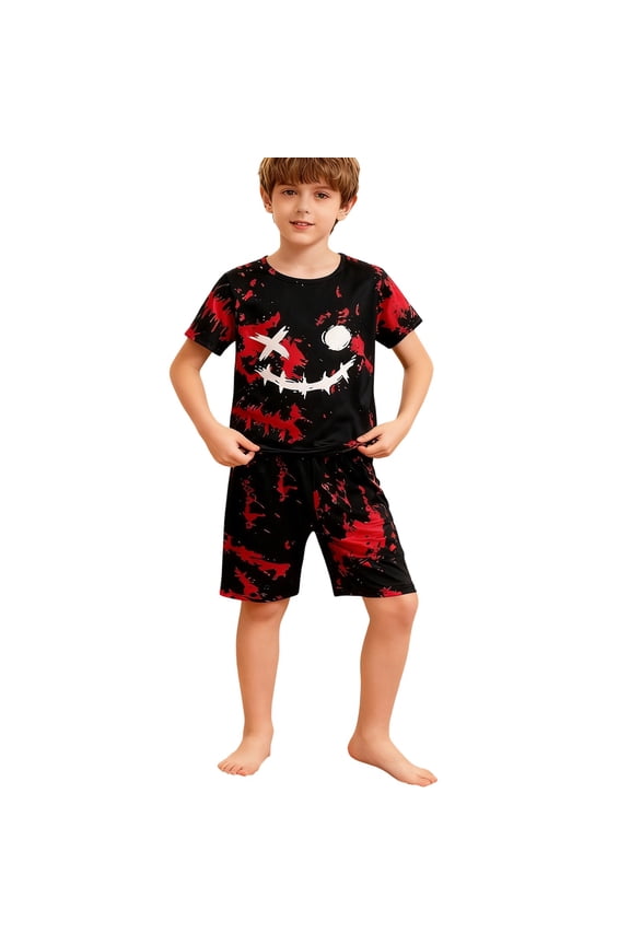 Kids Boys Summer Outfits Set Outfit Short Sleeve Tee Shorts With Colorful Face Tie Dye Print Playwear for Holiday Beach Toddler to Teen Clothes Sets 4-14 Years