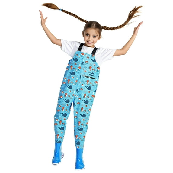 Weebloom Kids Cartoon Animal Chest Waders Youth Fishing Waders For Toddler Children Water Proof Fishing Waders With Boots For Boys Girls Light Blue 14-15 Years