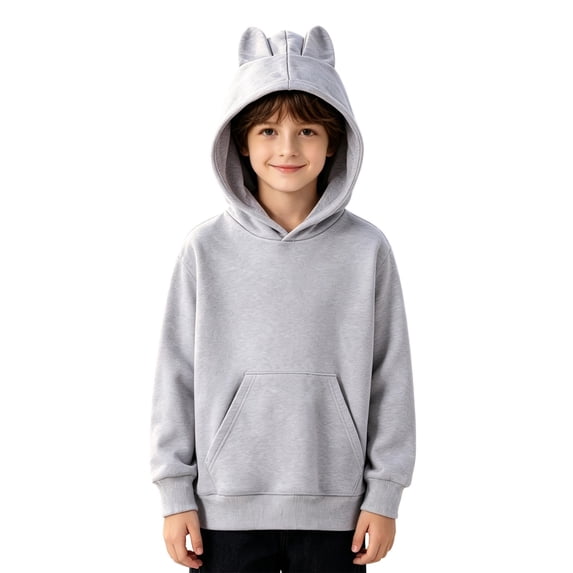 Weebloom Kids Cat Ear Hoodie With Pocket Fleece Pullover Fall Winter Tops Boys Girls Hooded Sweatshirts Grey