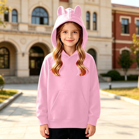 Weebloom Kids Cat Ear Hoodie With Pocket Fleece Pullover Fall Winter Tops Boys Girls Hooded Sweatshirts Pink