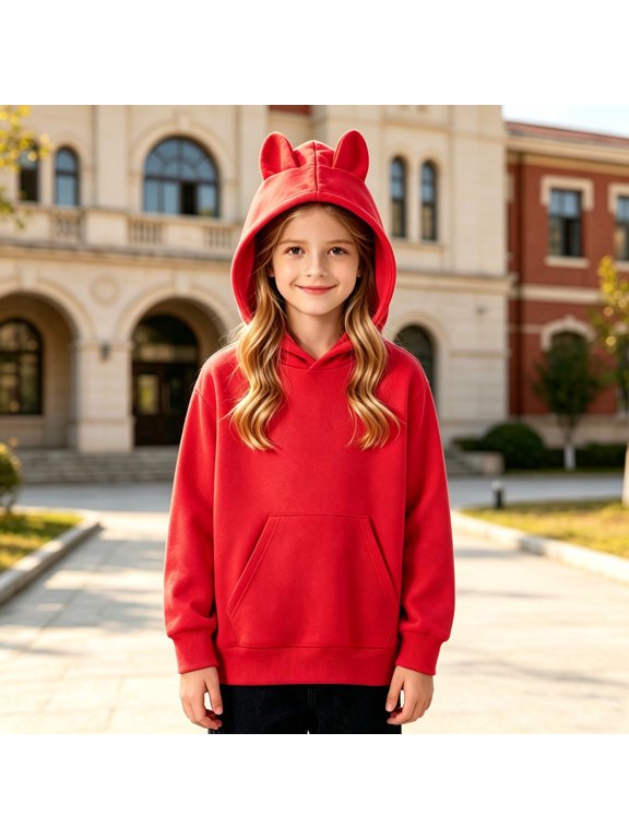 Kids Cat Ear Hoodie With Pocket Fleece Pullover Fall Winter Tops Boys Girls Hooded Sweatshirts Red
